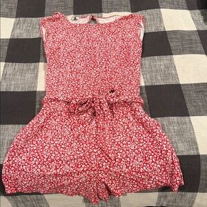 LOFT Red and White Jumpsuit with Delicate Floral Pattern